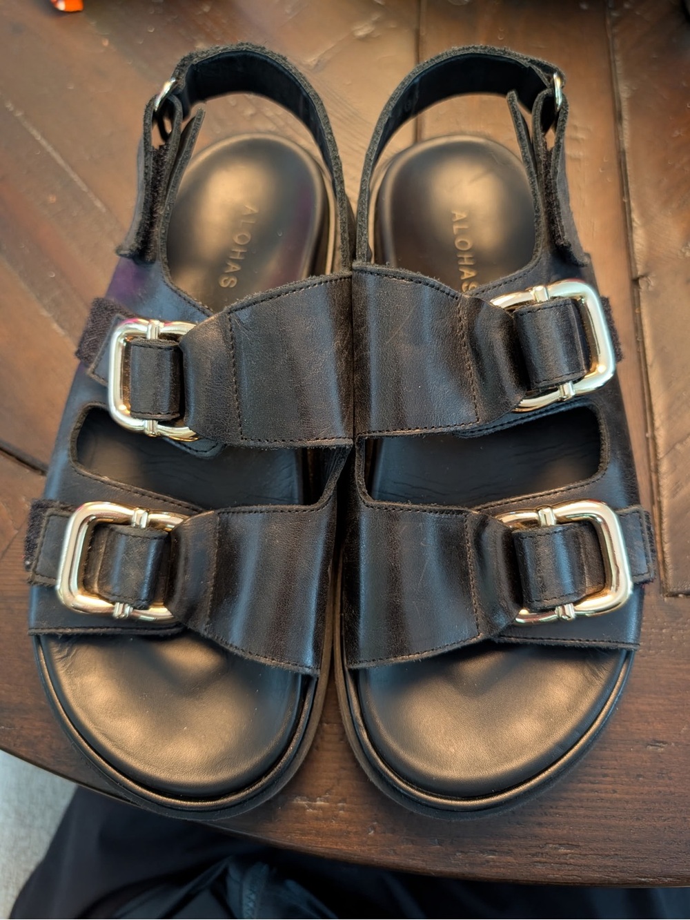 ALOHAS Black Leather Double Buckle Sandals with Gold Buckles